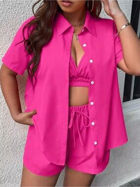 Women's Hot Pink Button-Up Shirt & Shorts Set 3x